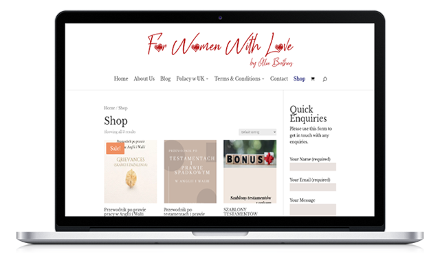 For Women With Love online shop displayed on a laptop
